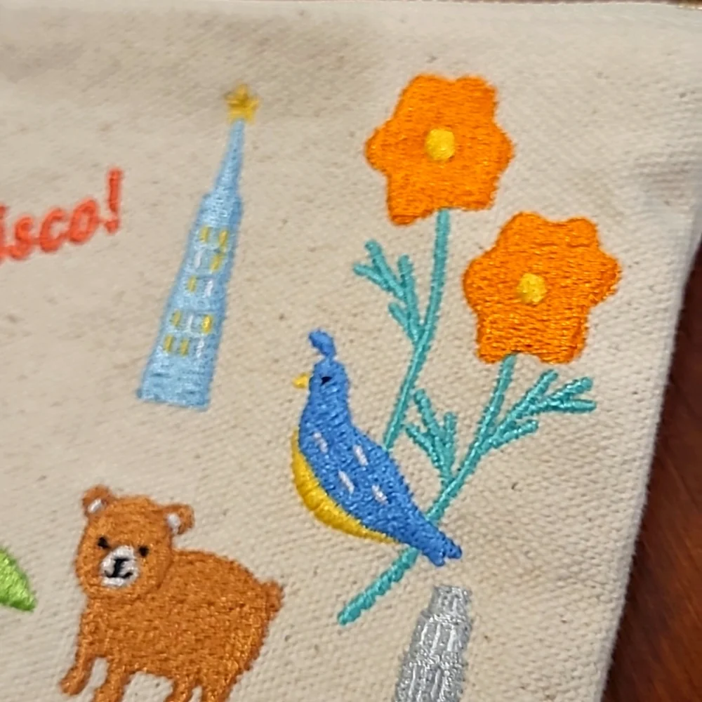 Anthropologie Canvas Embroidered San Francisco! Makeup Bag - NEW